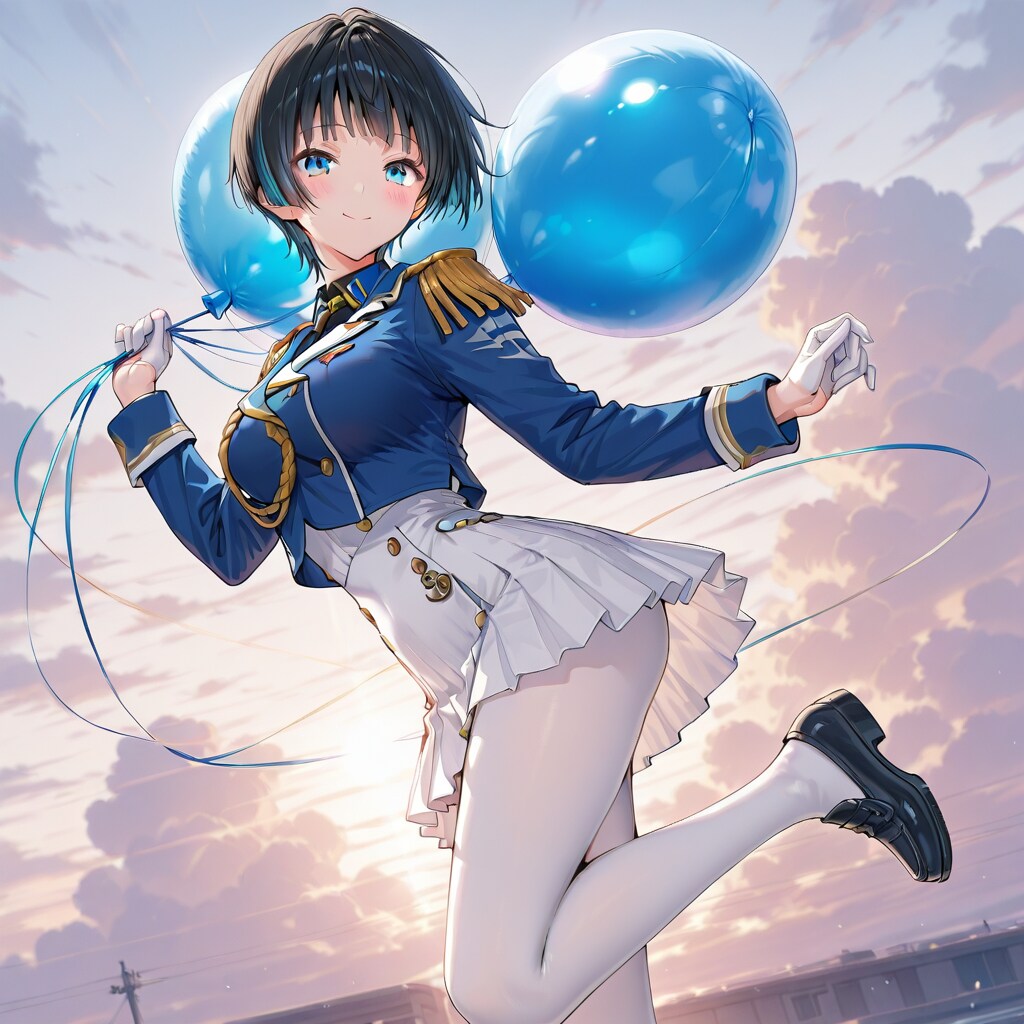 青い風船を持つ黒髪ショートカットの海兵服着た美女。 | の人気AIイラスト・グラビア