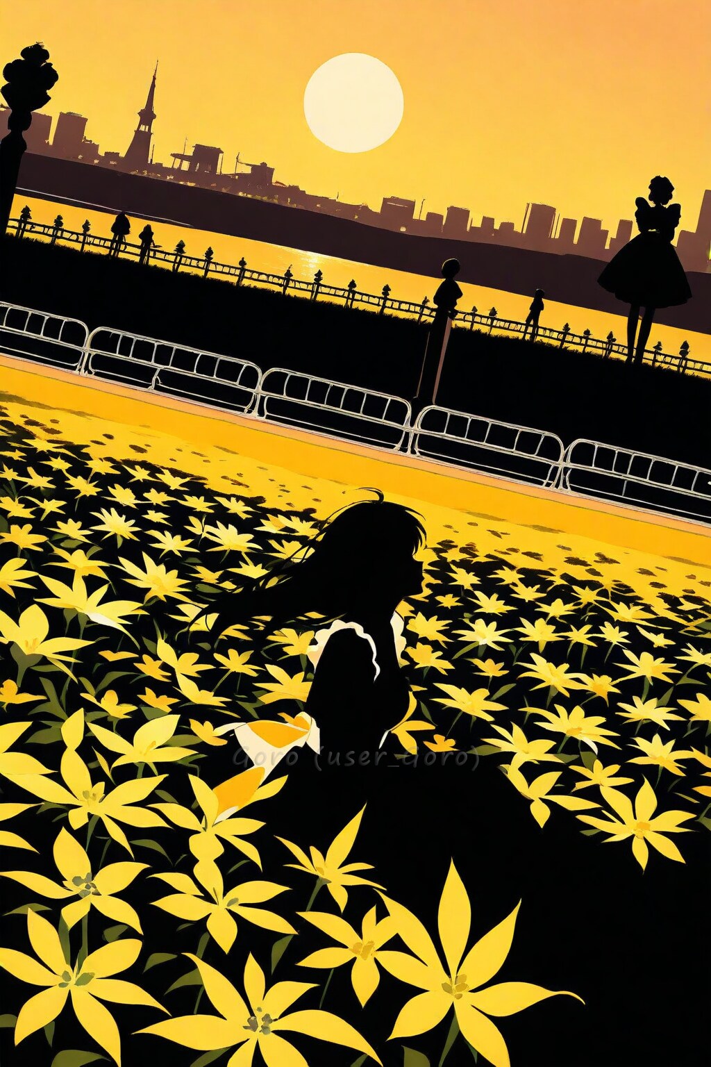 夕日に染まるメイドさん(切り絵風)