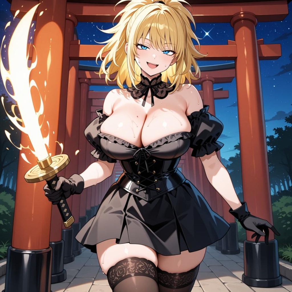 夜の神社で戦闘訓練ポニーテールコスプレ人妻&水墨画