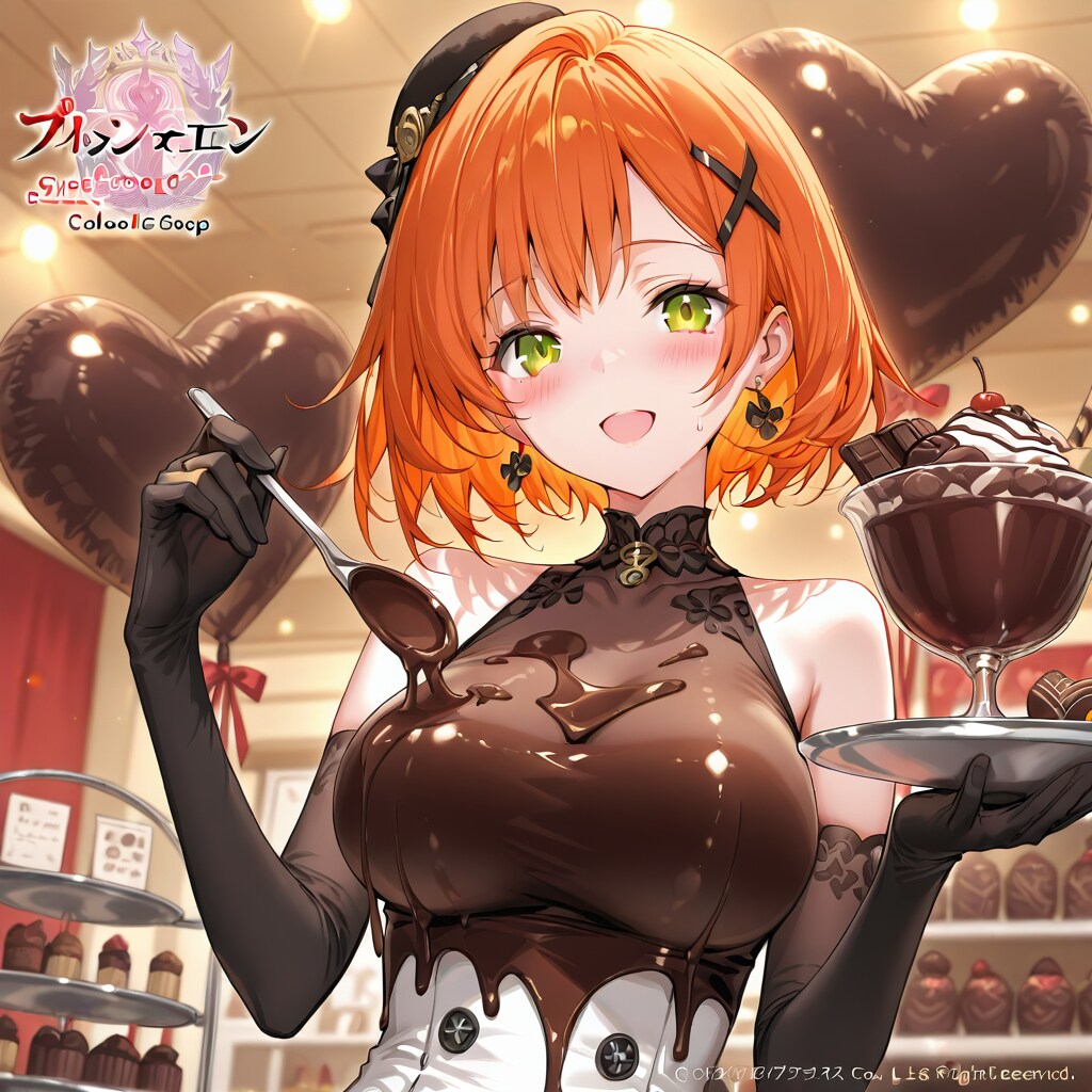 ハート風船を持つオレンジ髪ショートカットのチョコレート屋さんの美女