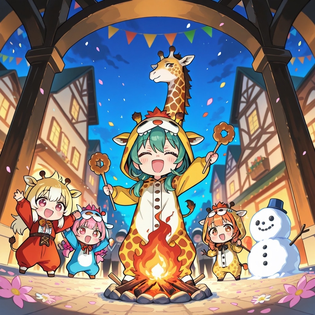 ゾンマータグスツークを楽しむキリン着ぐるみちび子ちゃんたち