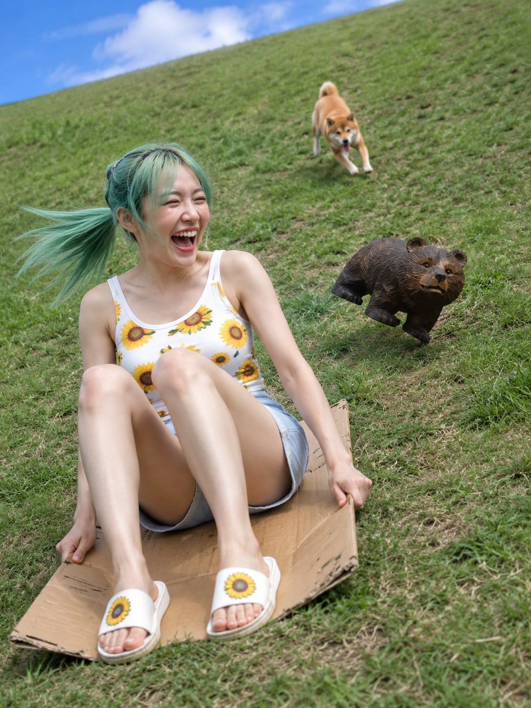 ダンボールそりで遊ぶ人