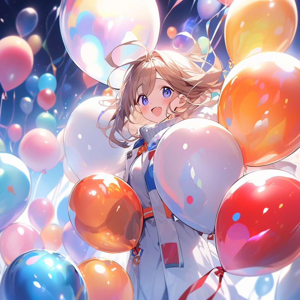 沢山の風船を膨らませて遊ぶ白衣の美女 | の人気AIイラスト・グラビア