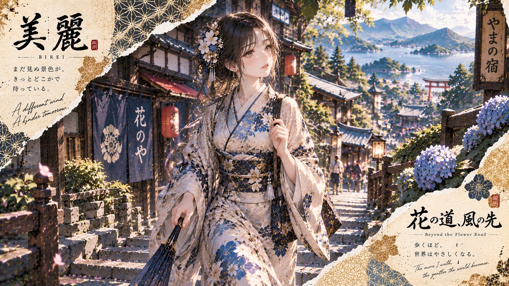 Beyond the Flower Road  A different wind. A kinder tomorrow.  Along a stone road lined with flowers, | の人気AIイラスト・グラビア