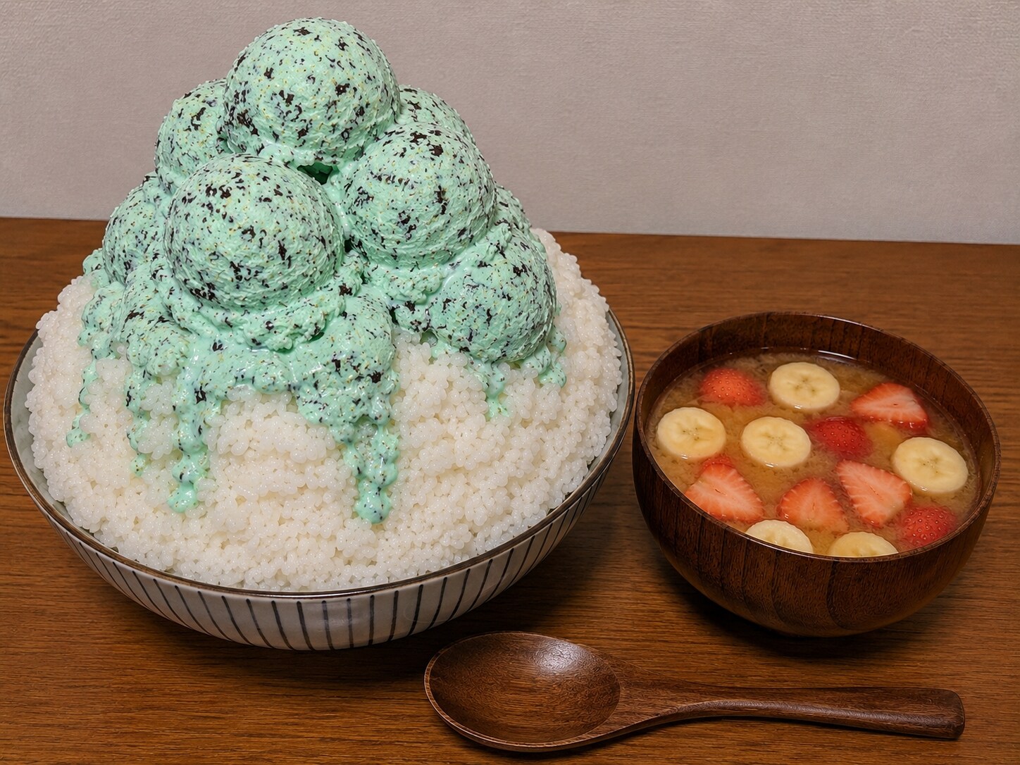 チョコミントアイス丼と果物味噌汁