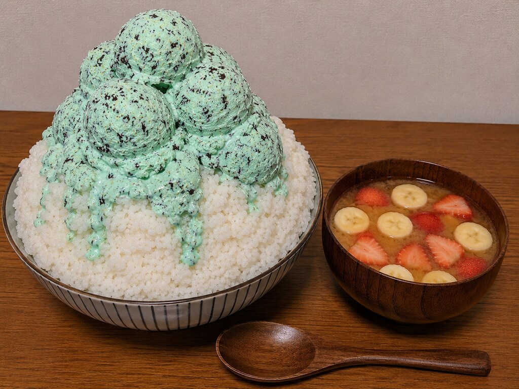 チョコミントアイス丼と果物味噌汁