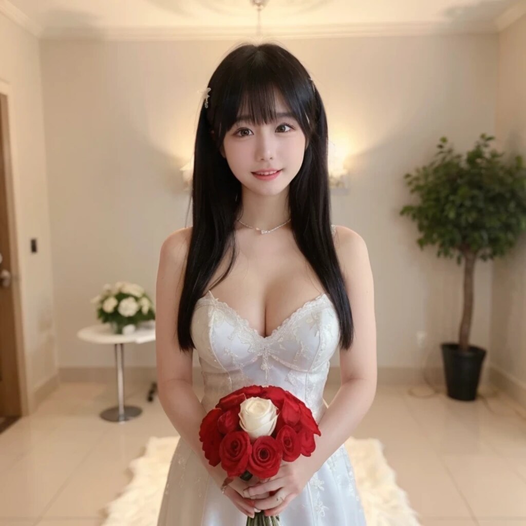 黒髪ロングでウェディングドレスの美女１５０