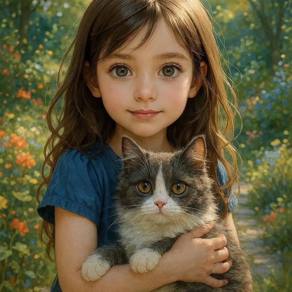 女の子と猫-油絵風とアニメ風