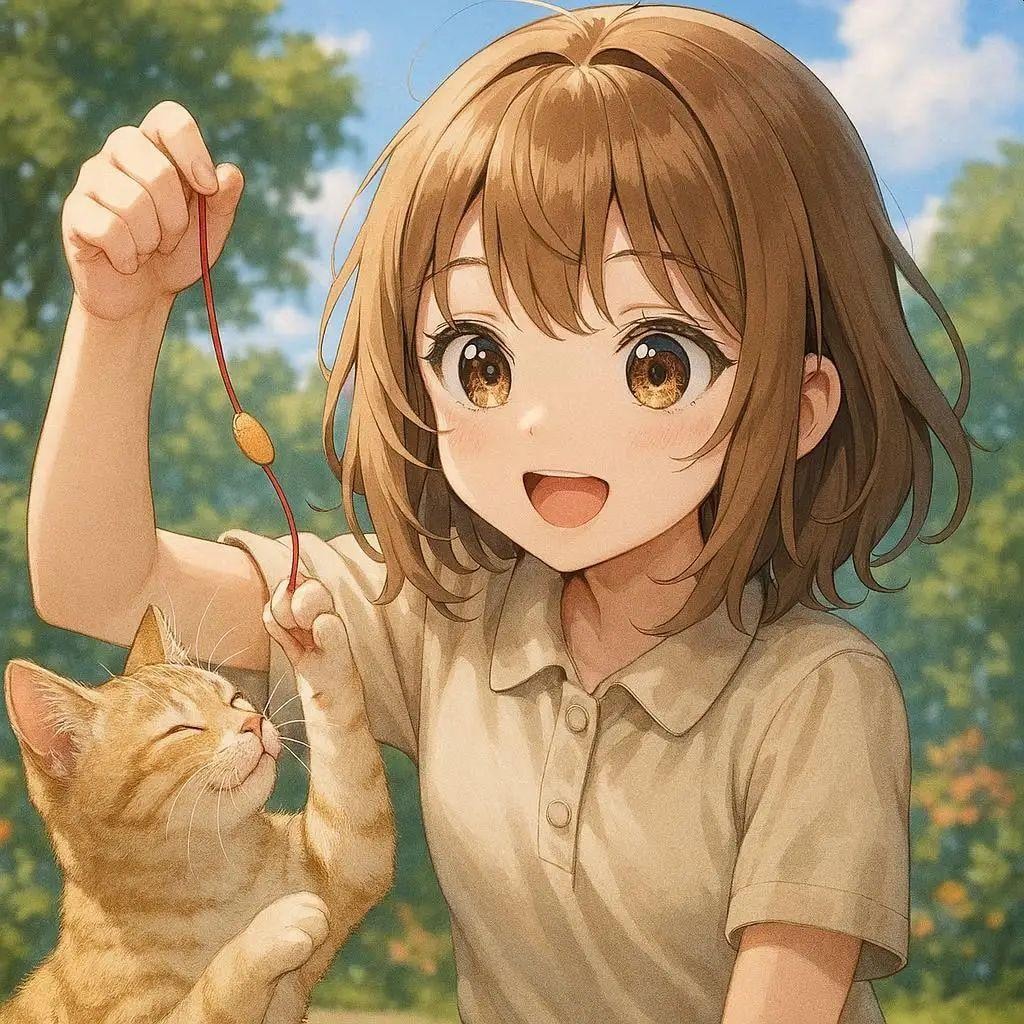 女の子と猫-油絵風とアニメ風