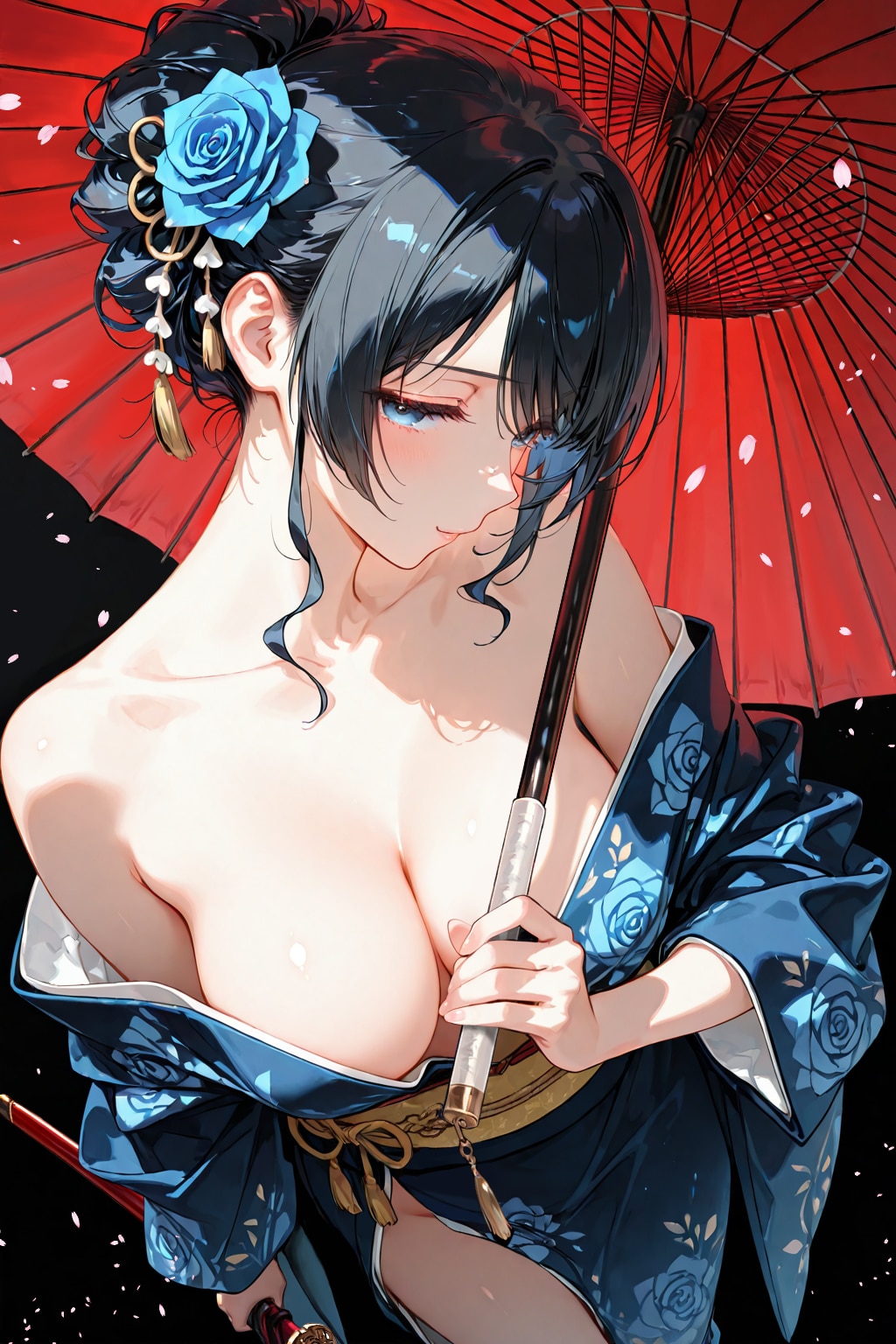 蒼い薔薇と赤い傘