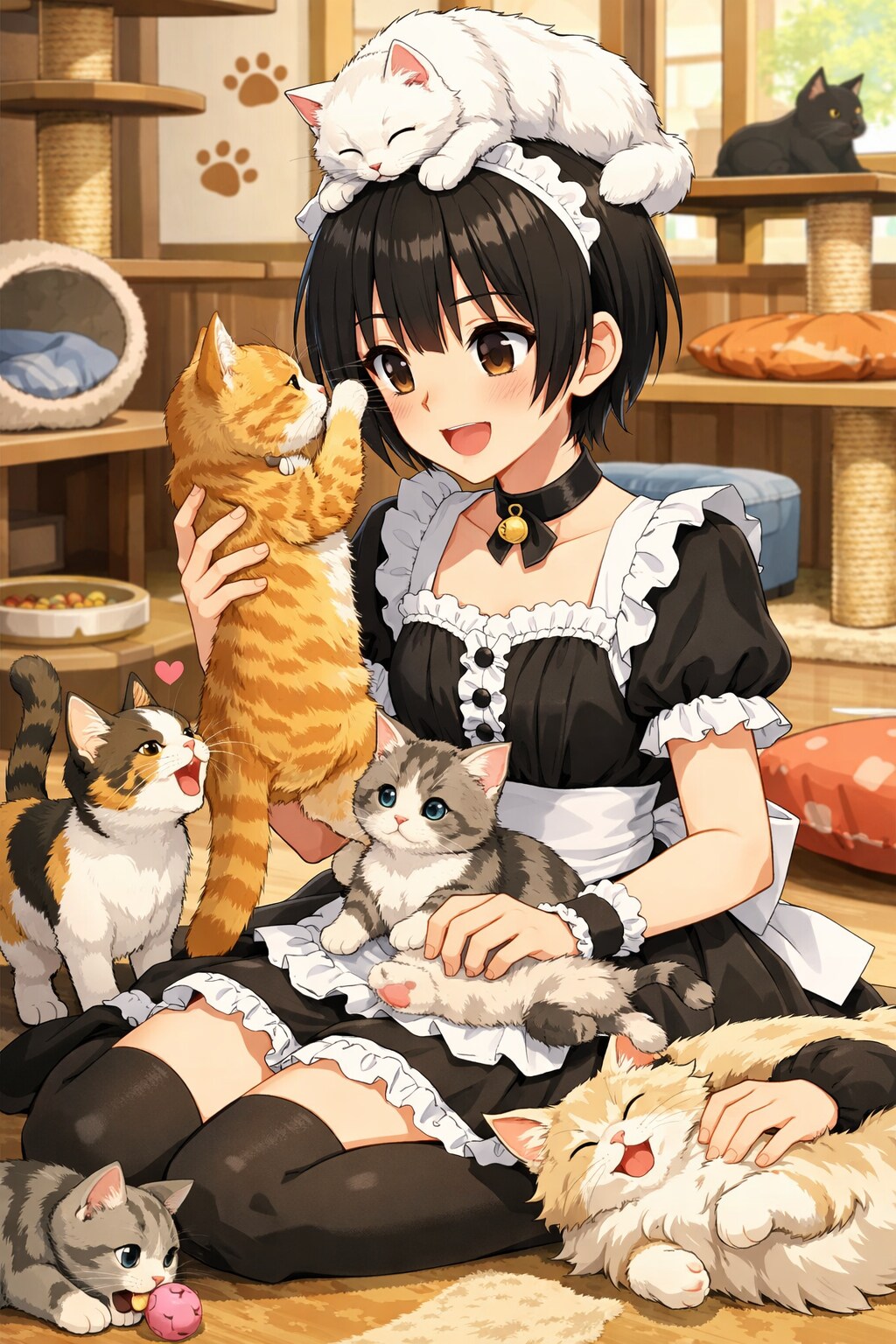 猫カフェでくつろぐメイド姿の男の娘