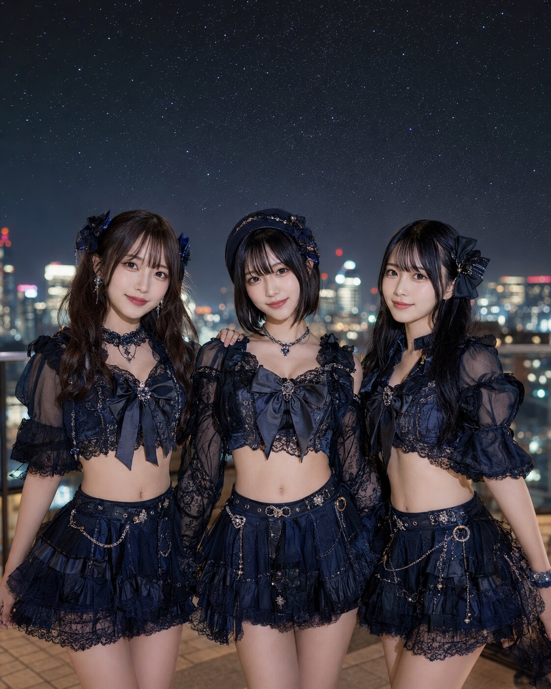 星空の下の可愛いアイドル3人💕