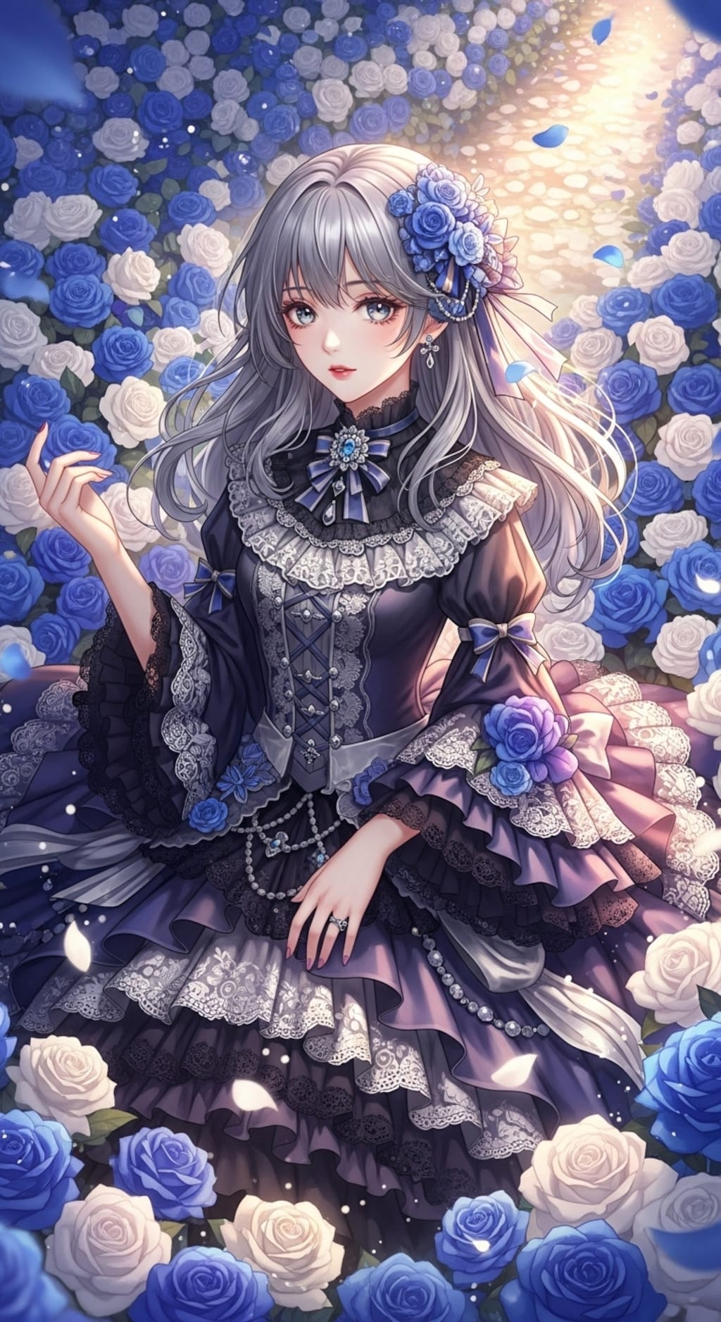 青薔薇と白薔薇に囲まれたゴシック少女。