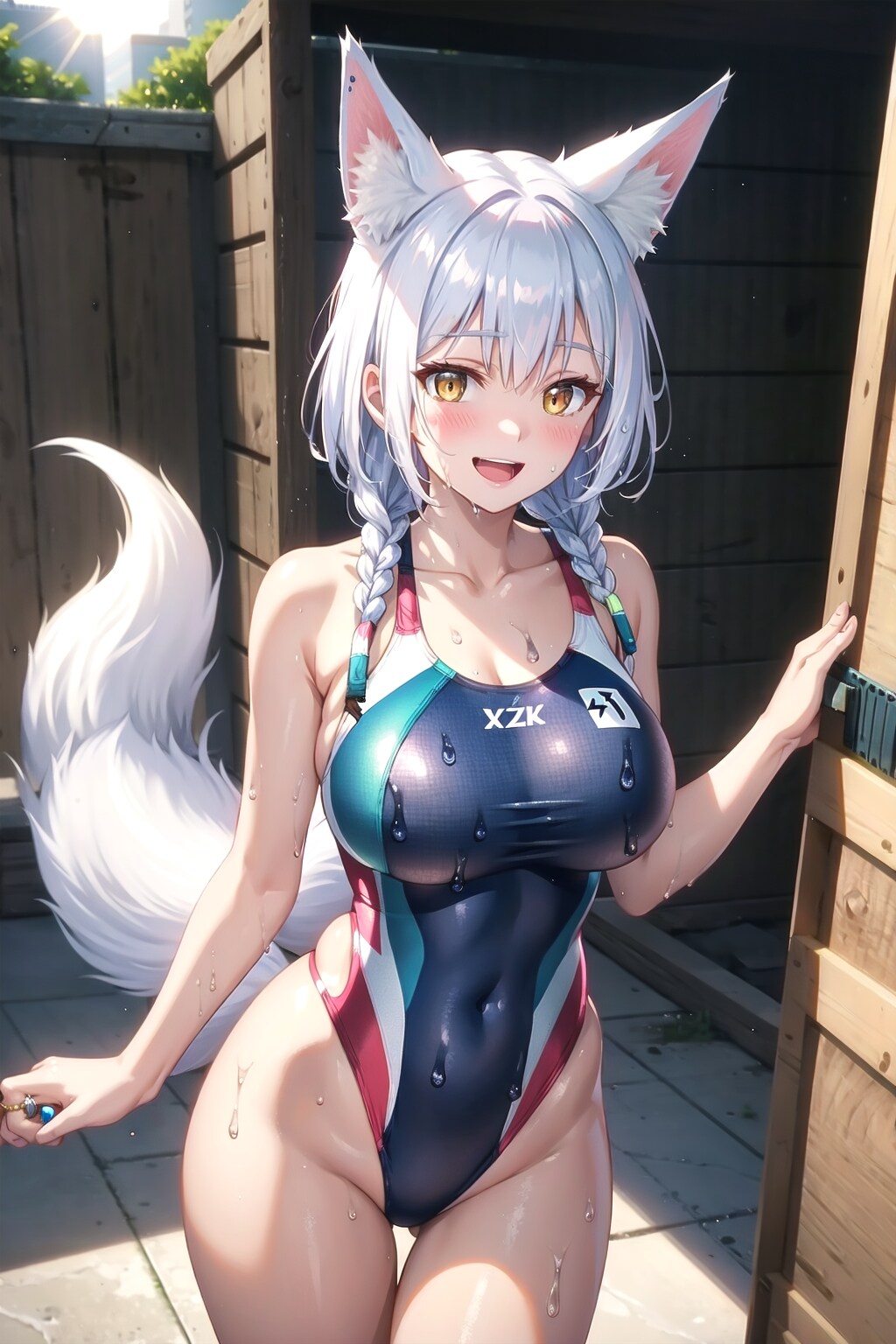 獣耳の若妻さんの競泳水着姿