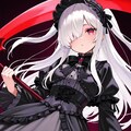 片目が髪で隠れた白髪ロングの赤目の黒いゴスロリ着た大鎌持った少女 2枚目