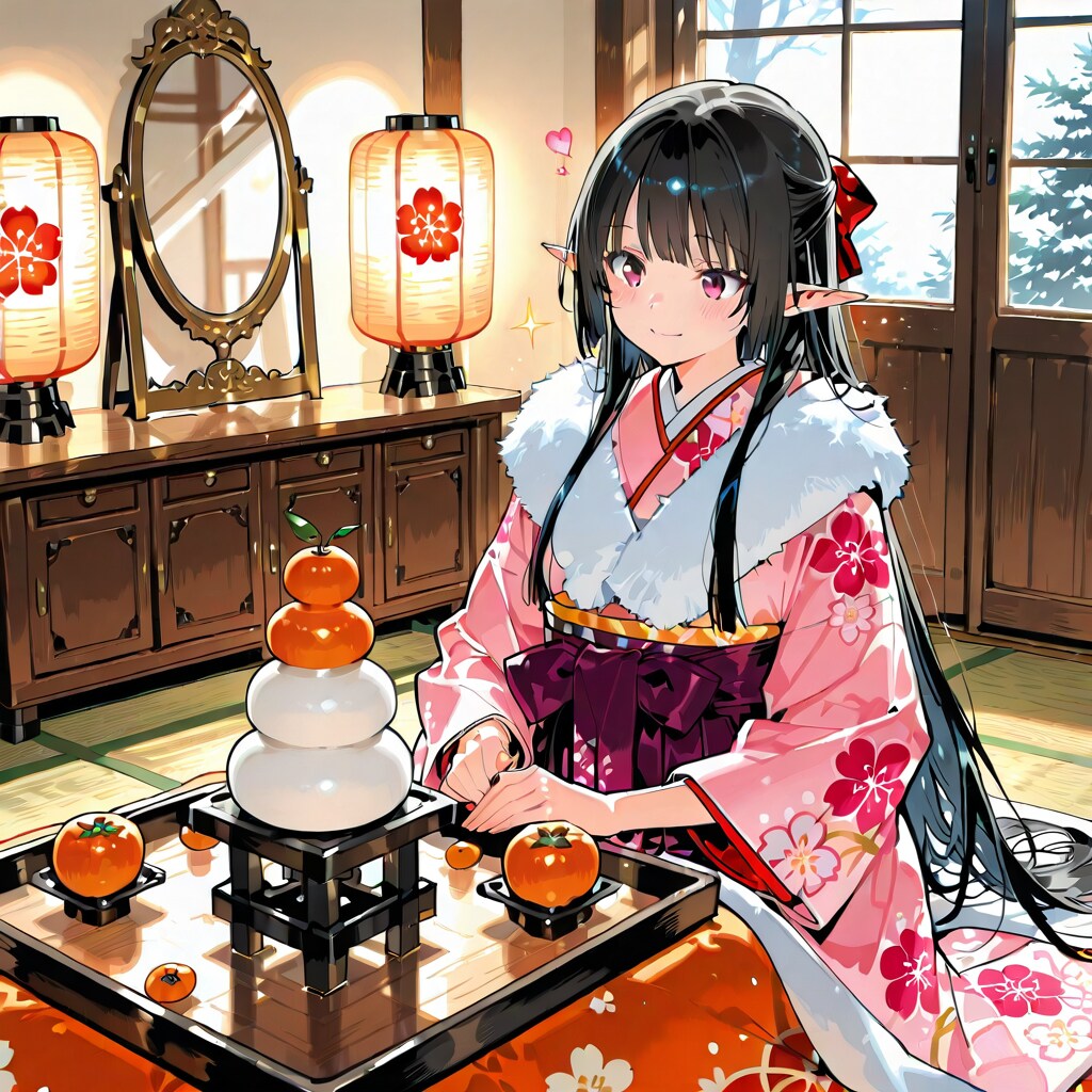 お正月の鏡餅を眺めているエルフの女の子 | の人気AIイラスト・グラビア