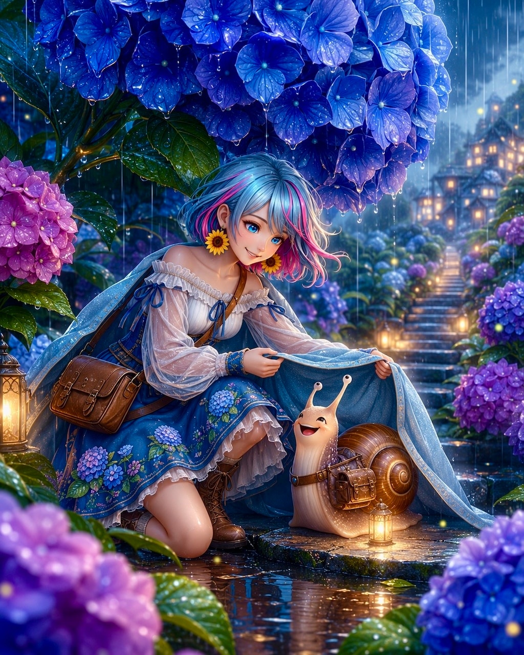 雨宿りする雫ちゃんとカタツムリ君