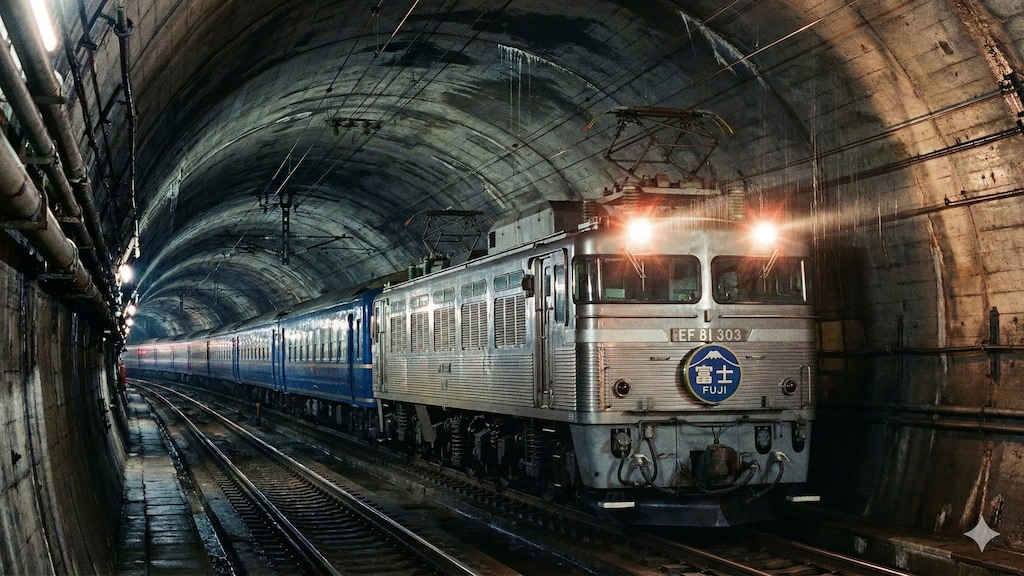 EF81 300番台が牽引して関門トンネルを進む富士