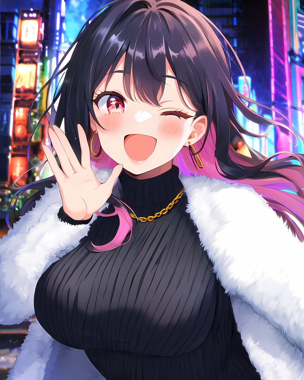 🌃お疲れー！白ファー×ネオンで爆盛れギャルのお出迎え✨