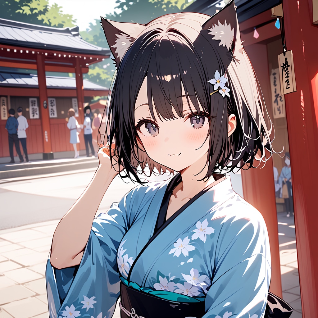 猫耳の女の子。浴衣を着て夏祭りへ来ています。