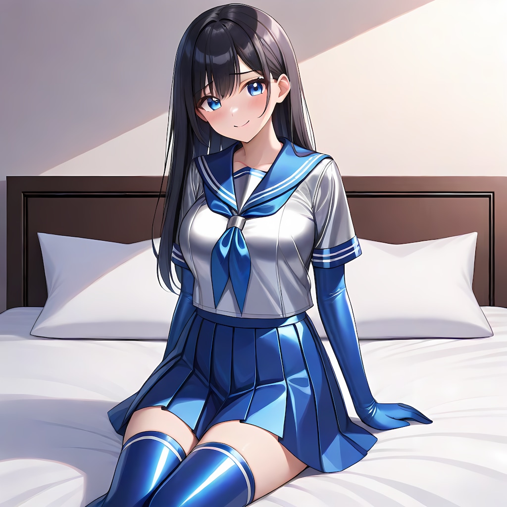 光沢空色セーラー服長手袋サイハイソックス