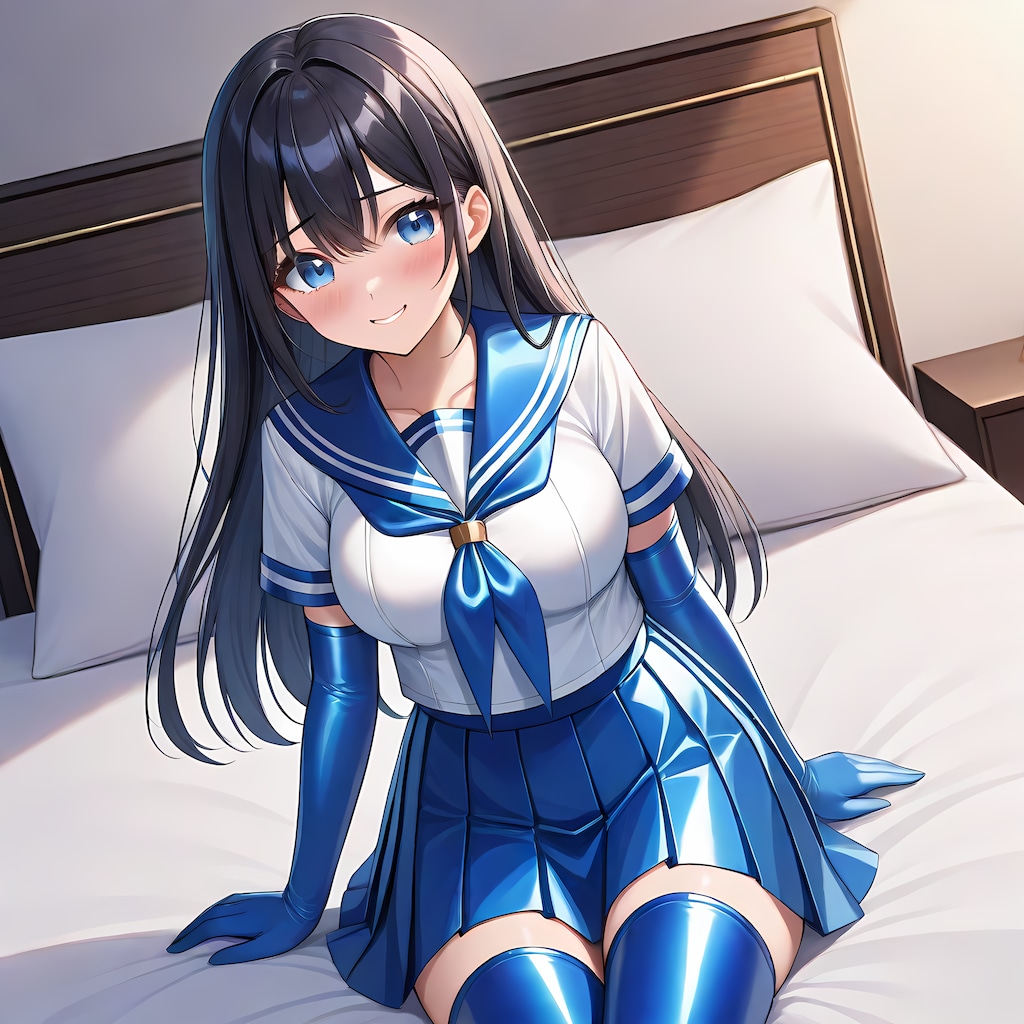 光沢空色セーラー服長手袋サイハイソックス