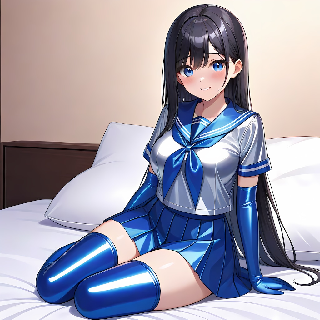 光沢空色セーラー服長手袋サイハイソックス