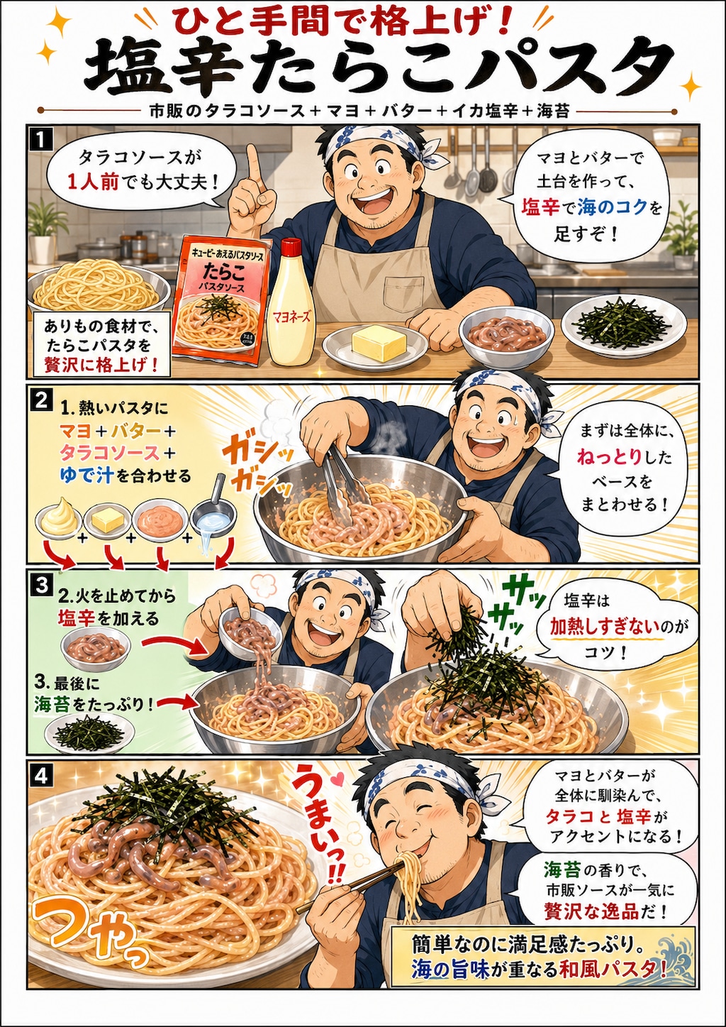 今日の料理　タラコパスタに塩辛でグレードアップ