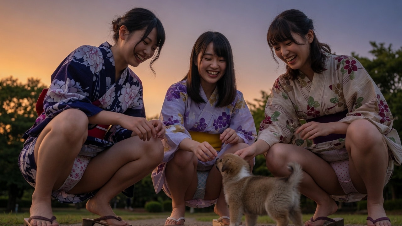 夏祭り　ショート浴衣仔犬パンチラ