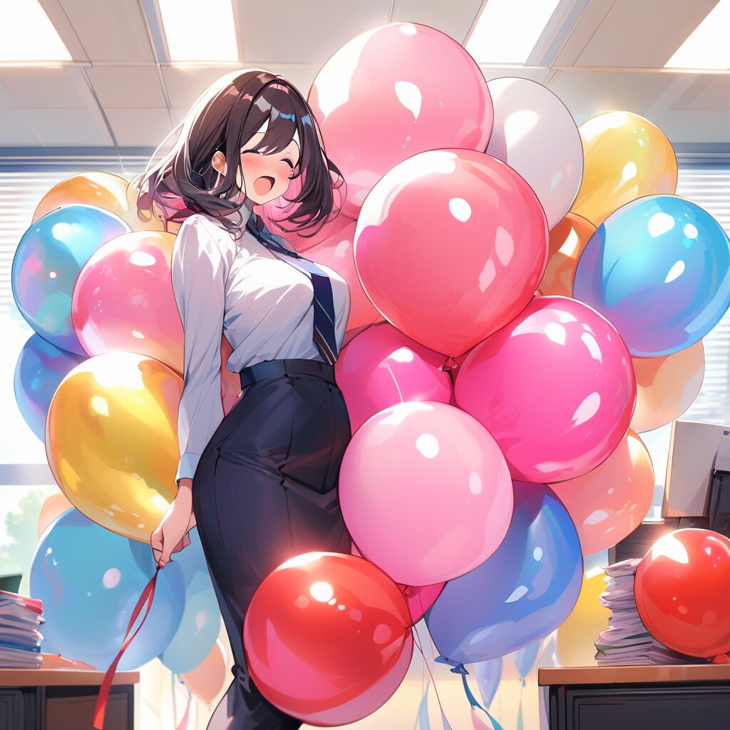 オフィスでいっぱい風船を膨らませる黒髪ロングのOLさん | の人気AIイラスト・グラビア