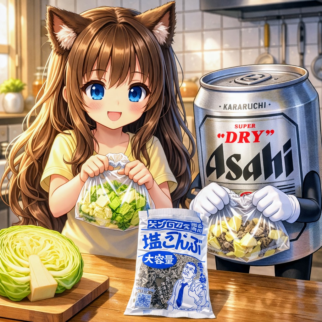 塩昆布キャベツを作る小さな女の子 | の人気AIイラスト・グラビア