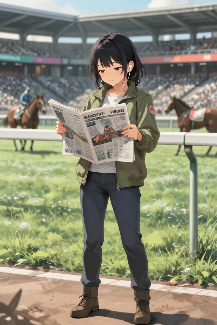 競馬場で競馬新聞片手にラジオから出るイヤホンを聞いているおじさん的な女子
