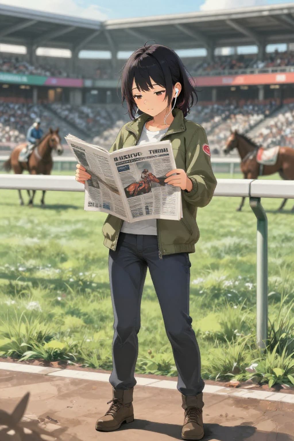 競馬場で競馬新聞片手にラジオから出るイヤホンを聞いているおじさん的な女子