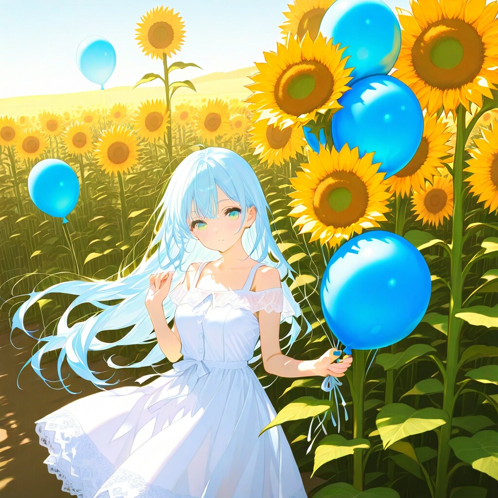 ひまわり畑で水色の風船を膨らませて遊ぶ水色の髪ロングの美少女 | の人気AIイラスト・グラビア