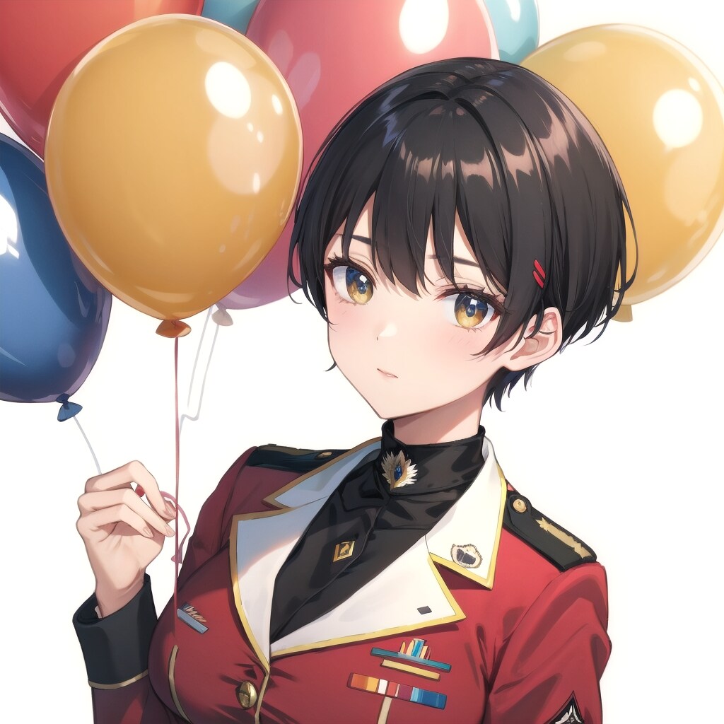 いっぱい風船を持つ黒髪ショートカットの海兵服着た美女。