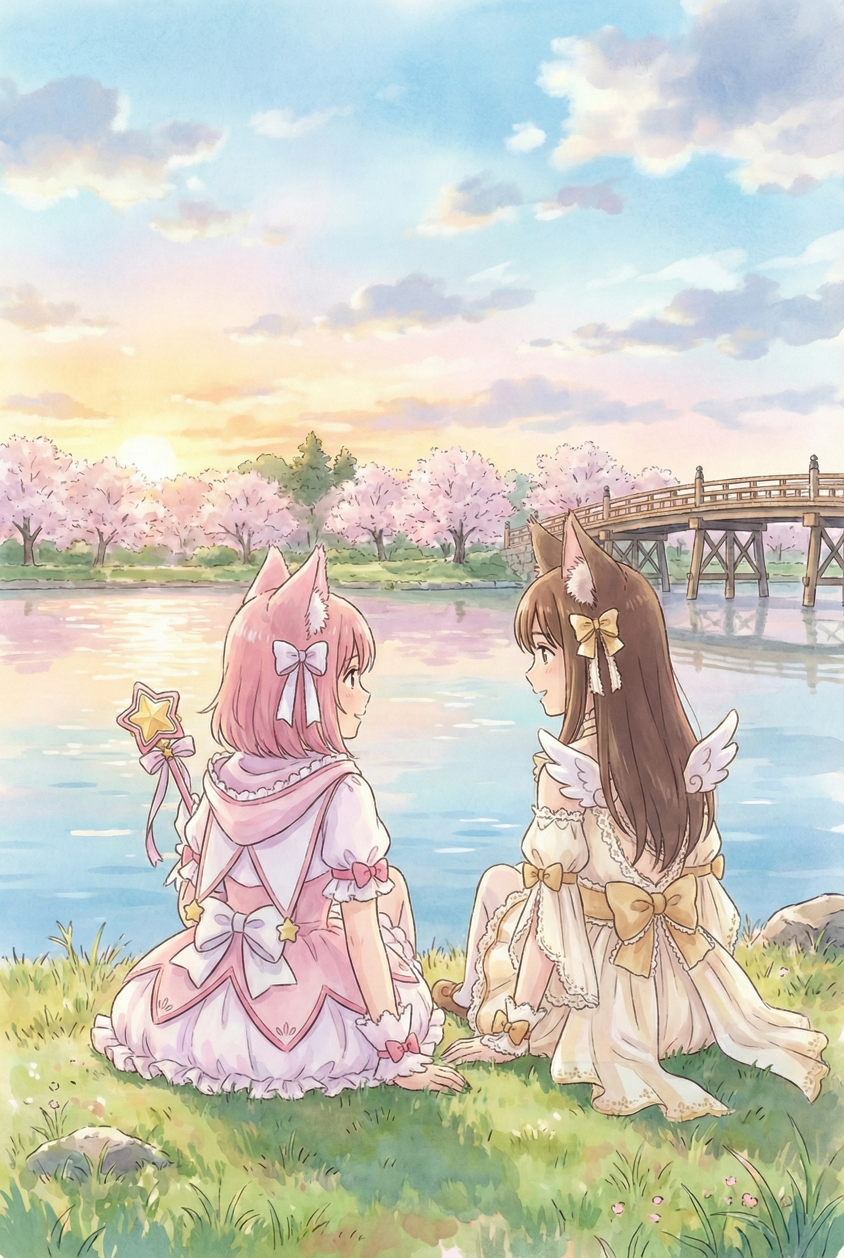 桜湖畔の狐姉妹、星杖と翼の黄昏語らい | の人気AIイラスト・グラビア