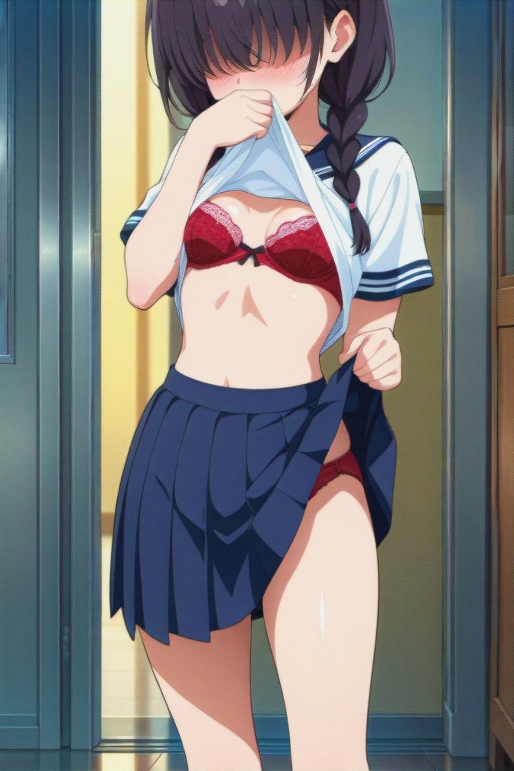 下着検査をされる三つ編みちゃん