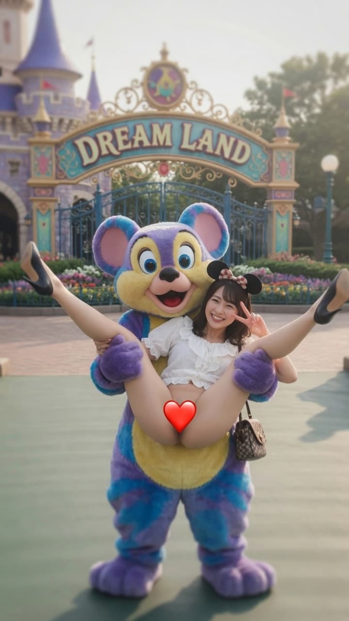 テーマパーク前で記念撮影