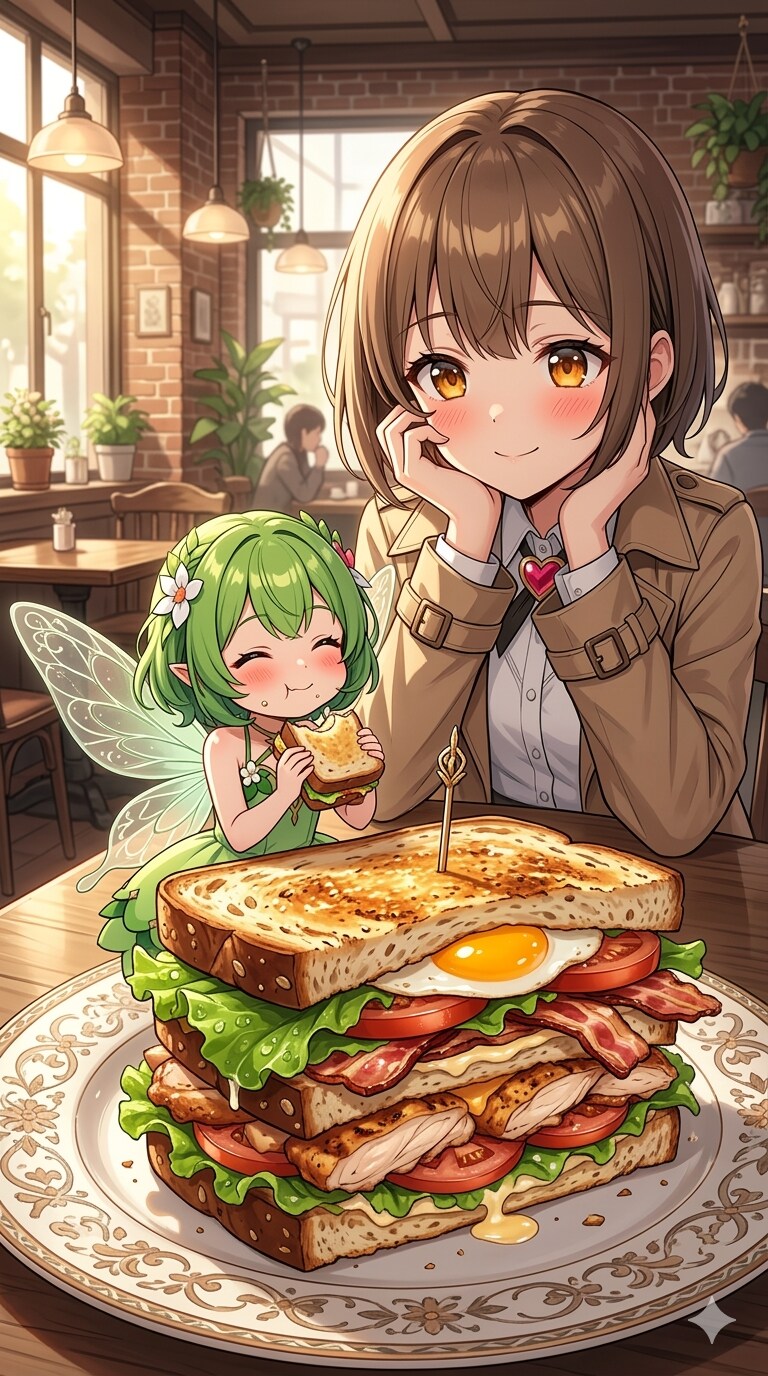 旅人少女と妖精さん〜お洒落なカフェのクラブハウスサンド〜 | の人気AIイラスト・グラビア