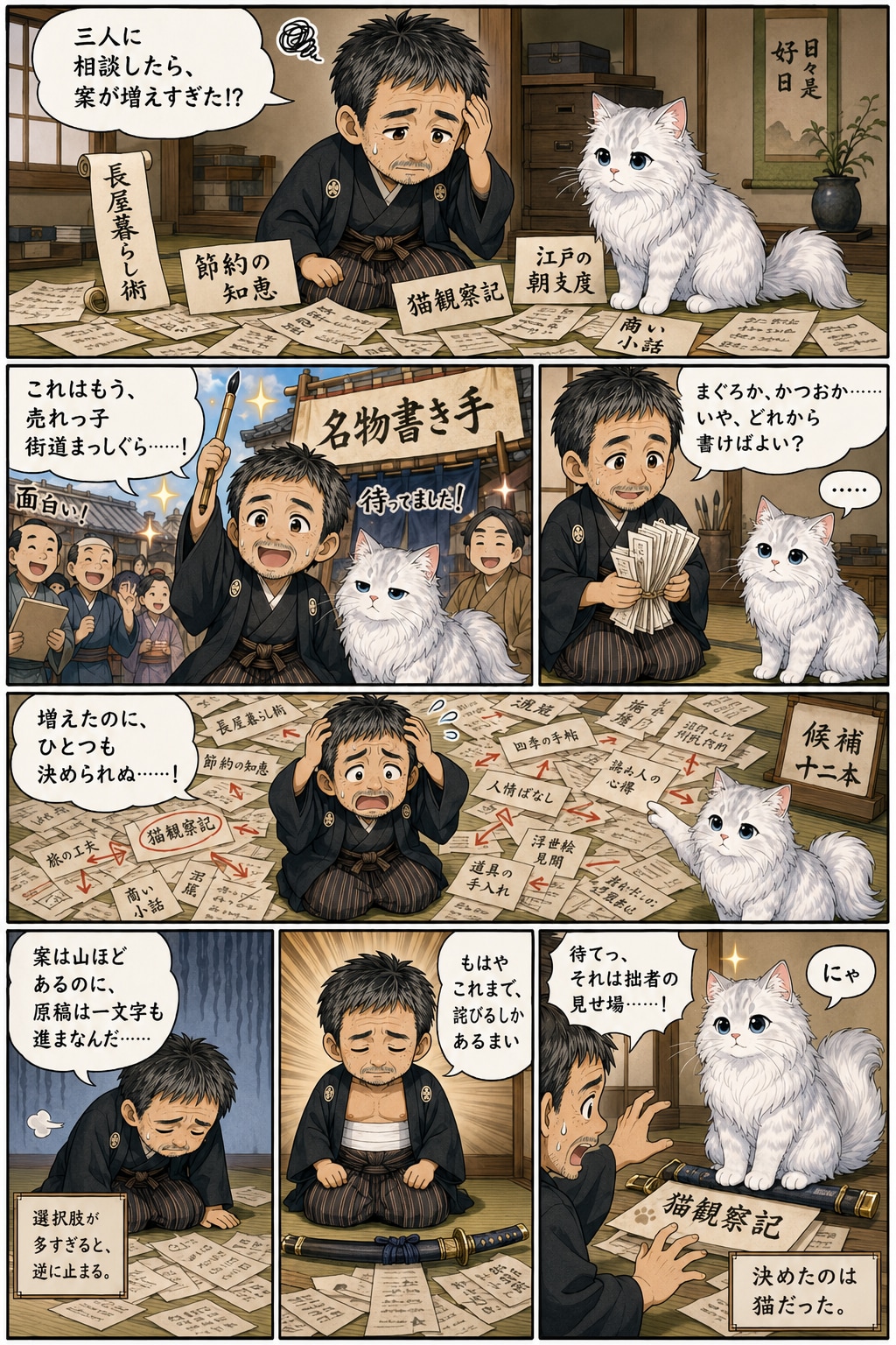 三人に相談したら、記事の案が増えすぎた。｜無職のおっさんちびキャラ短編漫画