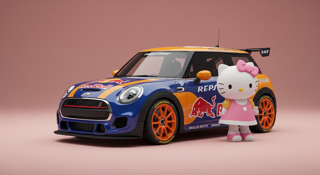 ハローキティとレプソルレッドブルミニクーパーラリーカー