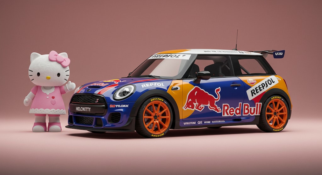 ハローキティとレプソルレッドブルミニクーパーラリーカー
