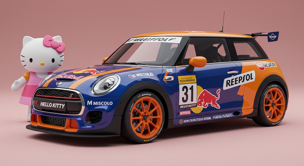 ハローキティとレプソルレッドブルミニクーパーラリーカー
