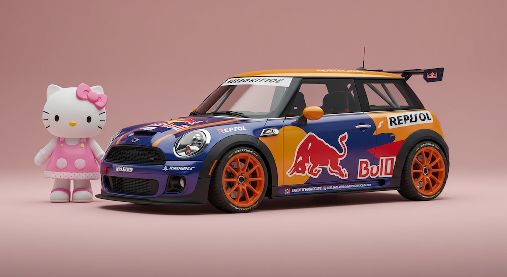 ハローキティとレプソルレッドブルミニクーパーラリーカー