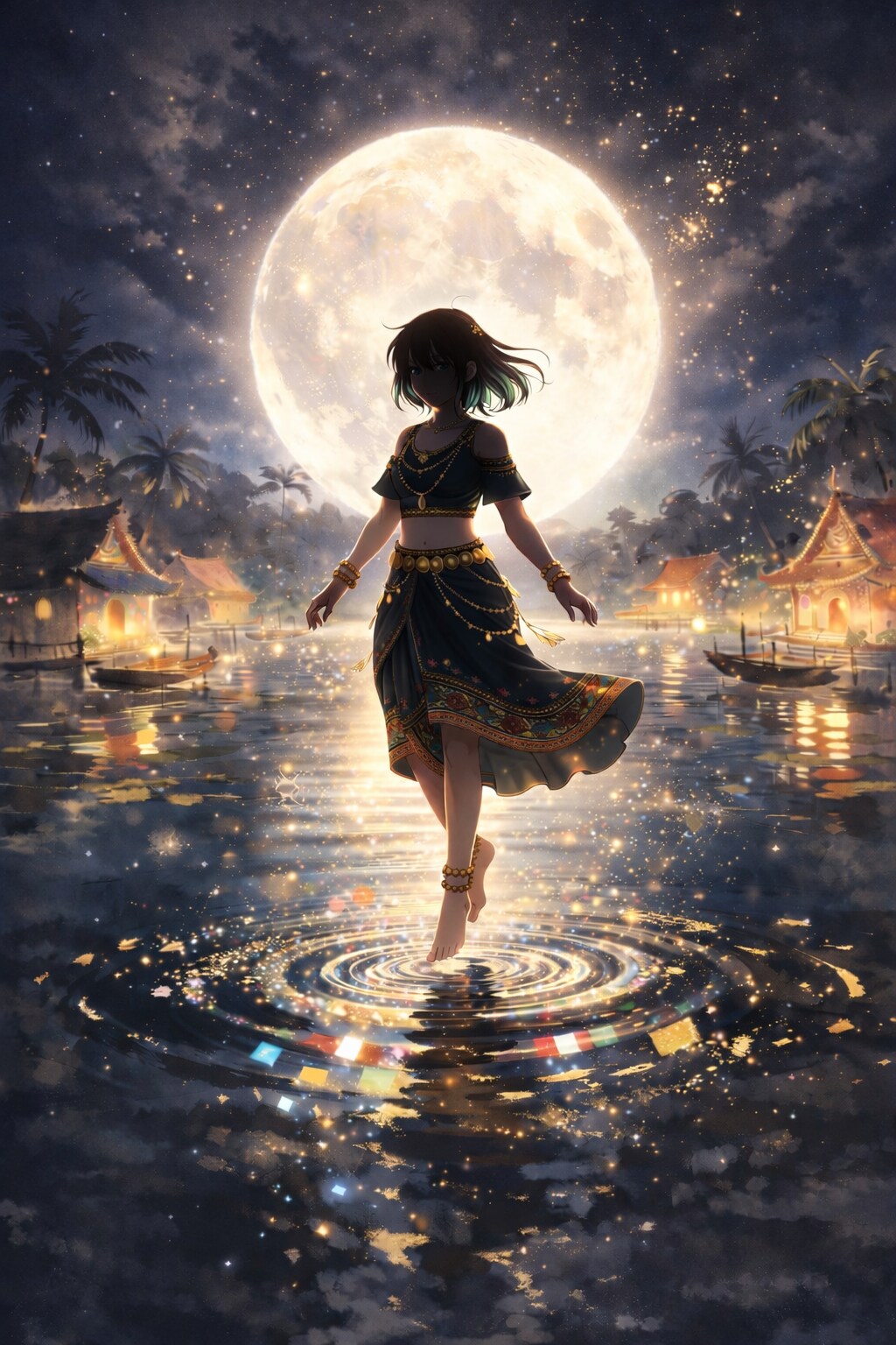 満月の水面を歩く少女