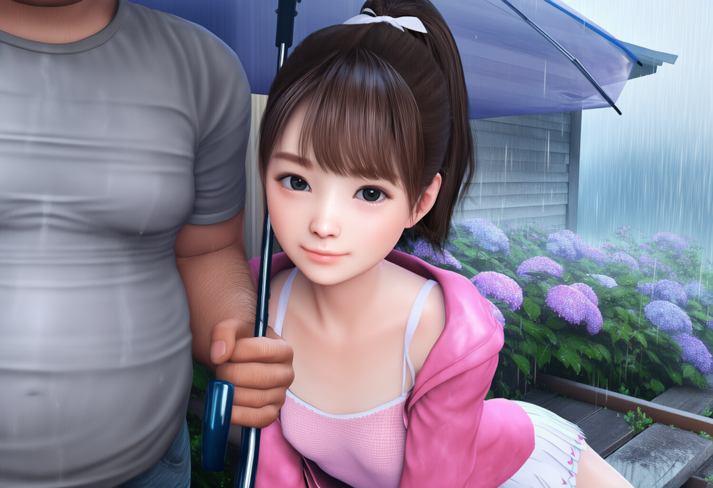 傘をさしてもらう少女