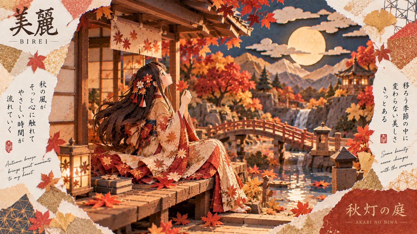 Autumn Lantern Garden — A Paper Landscape of Maple Leaves  An autumn breeze carries quiet moments ge | の人気AIイラスト・グラビア