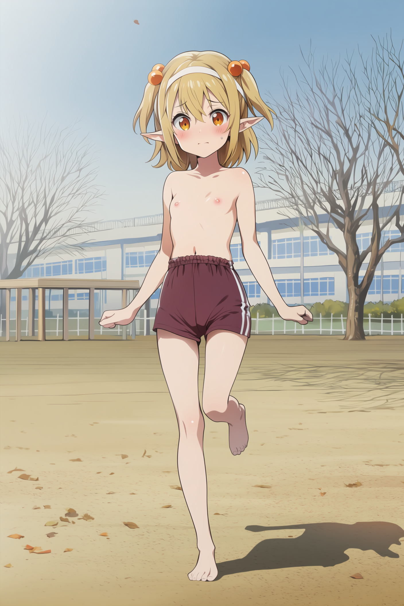 上半身裸+体操着の短パン+裸足のエルフさん
