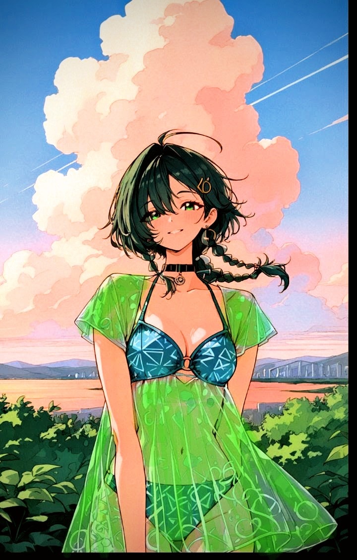 初夏の夕暮れと🍉緑色髪の娘