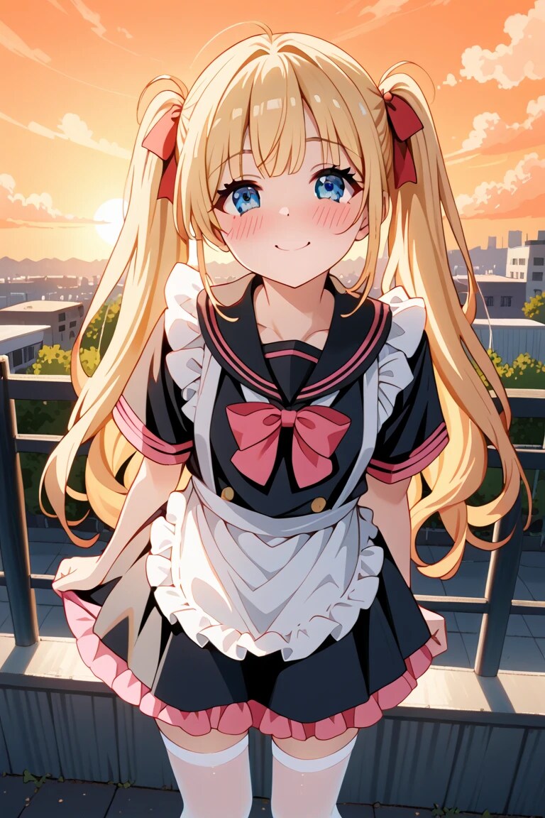 「一緒に夕陽見よ？♡」金髪ツインテメイド莉奈の屋上デート🌅 | の人気AIイラスト・グラビア